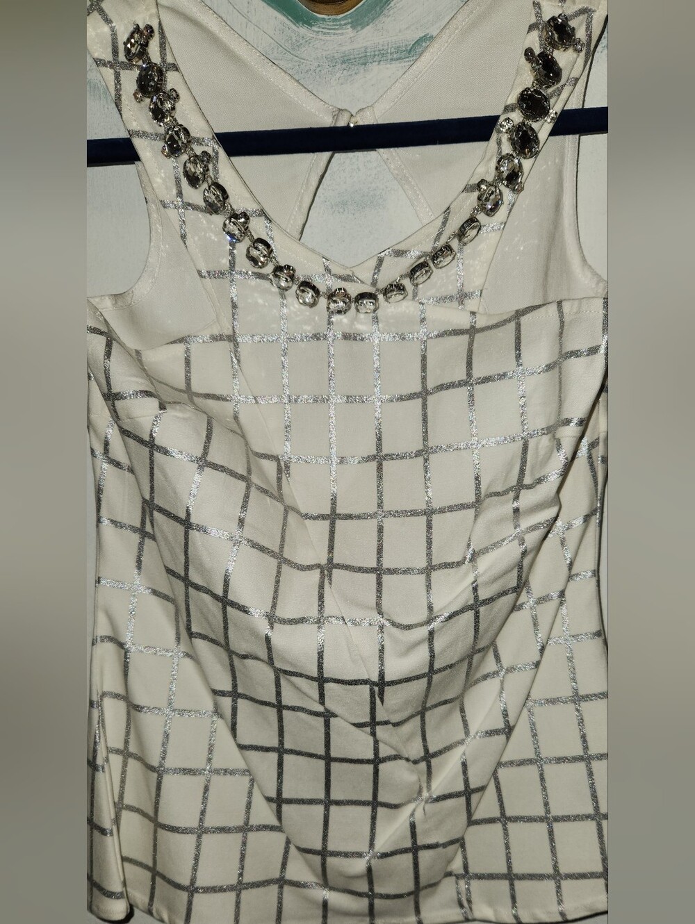 Stone Beaded Accent White Plaid Women's Necklace Top - Sleeveless XS S